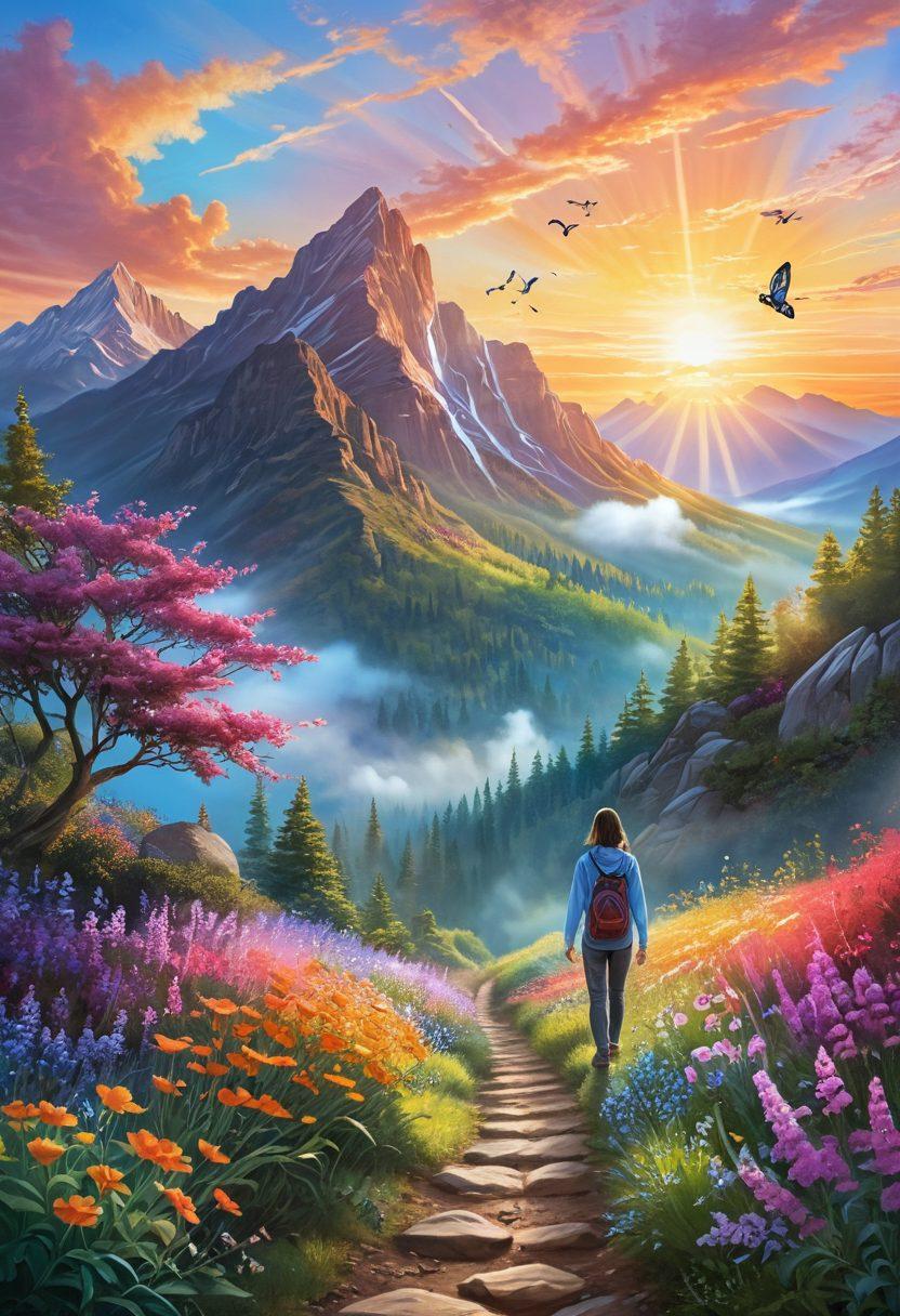 A serene landscape with a radiant sunrise symbolizing transformation, featuring a person practicing mindfulness in the foreground, surrounded by blooming flowers and vibrant colors. The sky is filled with soft pastels, and there's a path leading to a distant mountain representing growth. Incorporate elements like butterflies and light rays to signify joy and elation. super-realistic. vibrant colors. peaceful atmosphere.