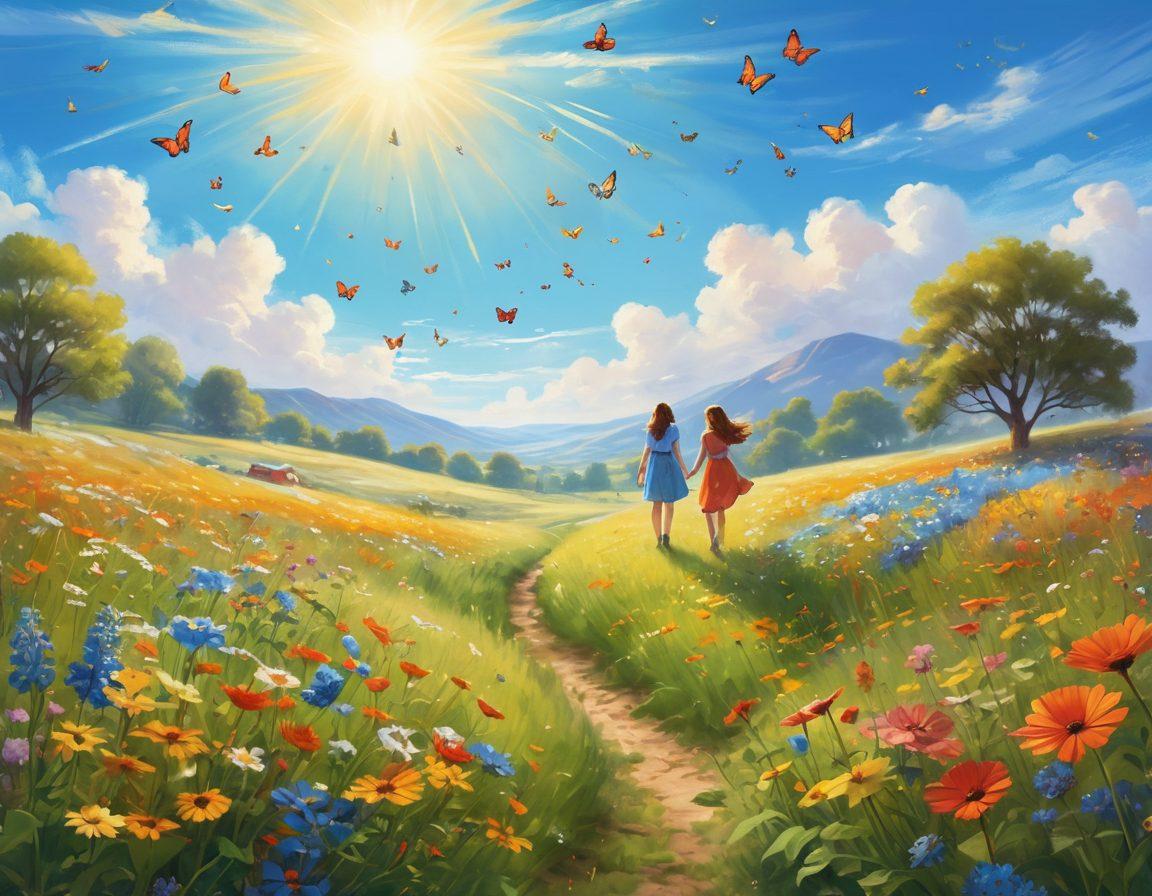 A serene landscape featuring a sunlit meadow filled with wildflowers, a diverse group of joyful people laughing and sharing moments, vibrant butterflies fluttering around, and a bright blue sky above. The scene captures the essence of positivity and happiness, with soft, warm colors. whimsical illustration. vibrant colors. soft focus.